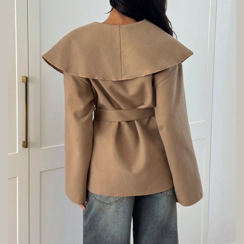 Tan Waterfall Collar Belted Wrap Coat - Picture 3 of 8